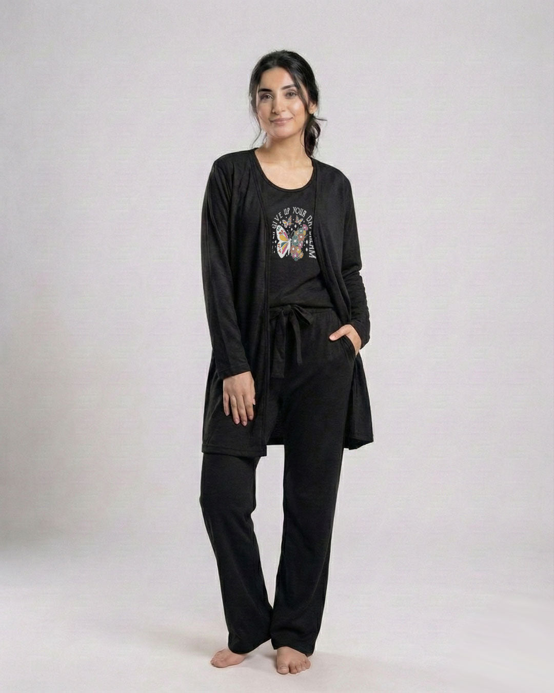 Women 3 Pieces Night Suit - Never Give Up | Black