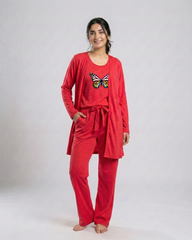 Women 3 Pieces Night Suit - Rainbow Butterfly | Red