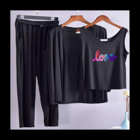 Multi Love Women Night Suit 3 Pieces Set