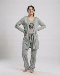 Women 3 Pieces Night Suit - Never Give Up | Grey
