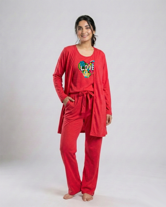 Women 3 Pieces Night Suit - Love Color | Red