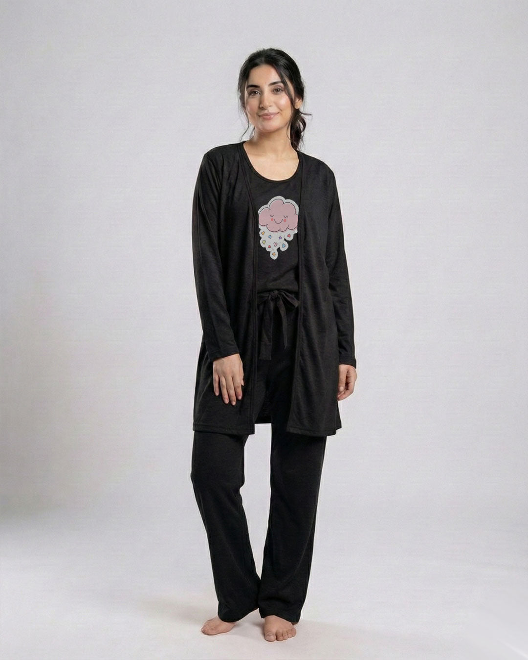 Women 3 Pieces Night Suit - Pink Cloud | Black