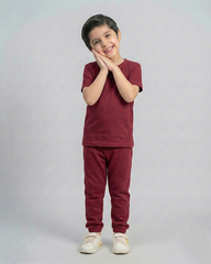 Kids Maroon Cotton T-Shirt & Trouser Set