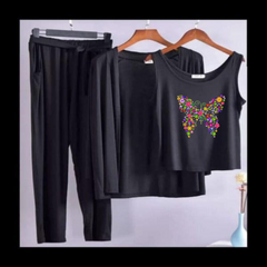 Colored Butterfly Women Night Suit 3 Pieces Set