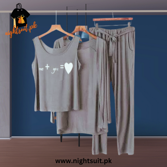 Grey White me + you Women Night Suit PJ 3 Pieces Set