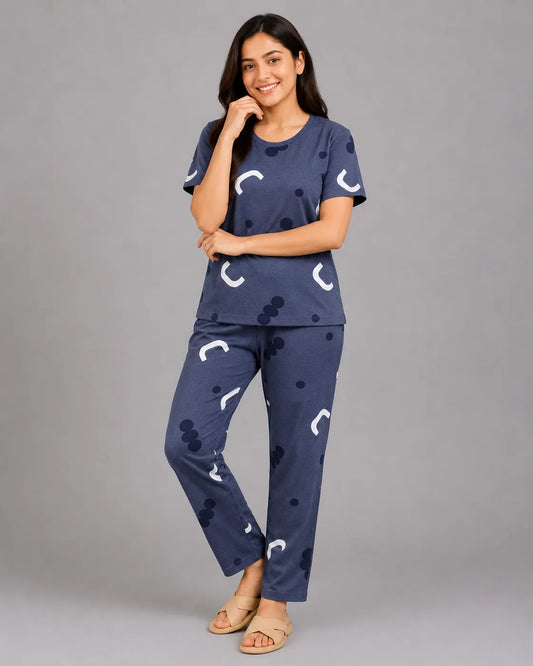 Pattern Printed Pajama Set - Blue
