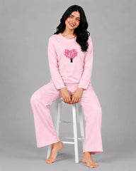 Women Round-Neck Lounge Wear | Tree Heart - Baby Pink