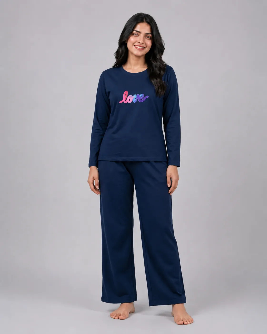 Women Round-Neck Lounge Wear | Multi Love - Navy Blue