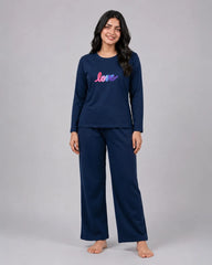Women Round-Neck Lounge Wear | Multi Love - Navy Blue