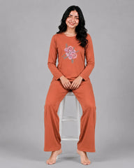Women Round-Neck Lounge Wear | Flower - Rusty