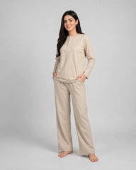 Women Button Style 2 Piece Lounge Wear - Beige