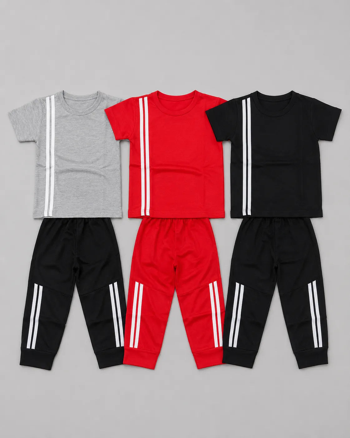 Pack Of 3 Kids Elite Stripe Tracksuit | Grey, Red, & Black