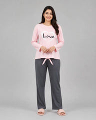 Women Premium 2 Piece Lounge Set | Love Heart - Pink & Grey