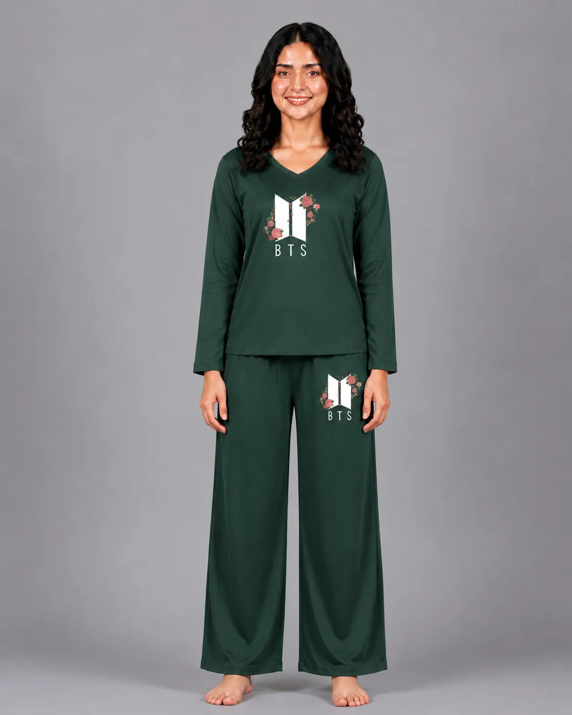 Women V-Neck Lounge Wear | BTS Flower - Sherwood Green