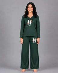 Women V-Neck Lounge Wear | BTS Flower - Sherwood Green