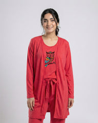 Women 3 Pieces Night Suit - Owl | Red