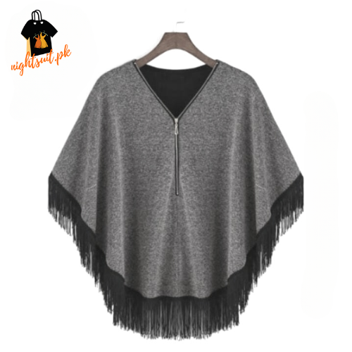 Grey Women Zipper Cape Poncho