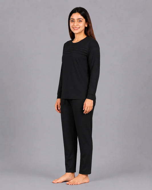 Elegant Pleat Pajama Set - Black