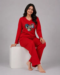 Women V-Neck Lounge Wear | Love Color - Red