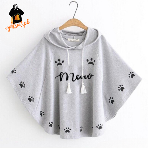 Grey Meow Printed Hood Cape