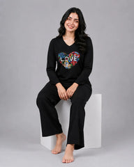 Women V-Neck Lounge Wear | Love Color - Black