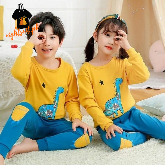 Yellow Blue Dino Printed Kids Wear