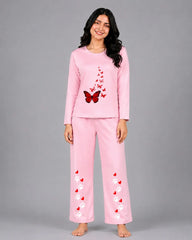 Women Round-Neck Lounge Wear | Red Butterfly - Baby Pink