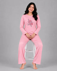 Women Round-Neck Lounge Wear | Flower - Baby Pink