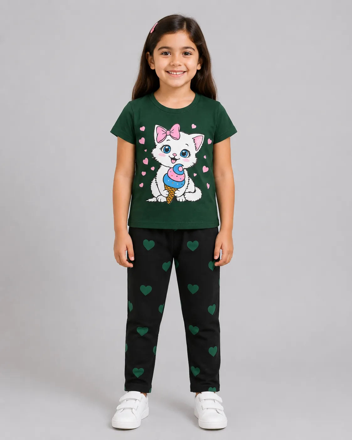 Sweet Kitty Ice Cream Girls Pajama Set - Green & Black