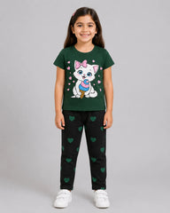 Sweet Kitty Ice Cream Girls Pajama Set - Green & Black