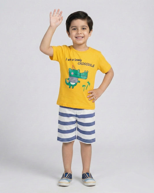 Crocodile Print T-Shirt & Striped Shorts Set for Toddlers