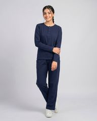 Women Button Style 2 Piece Lounge Wear - Navy Blue