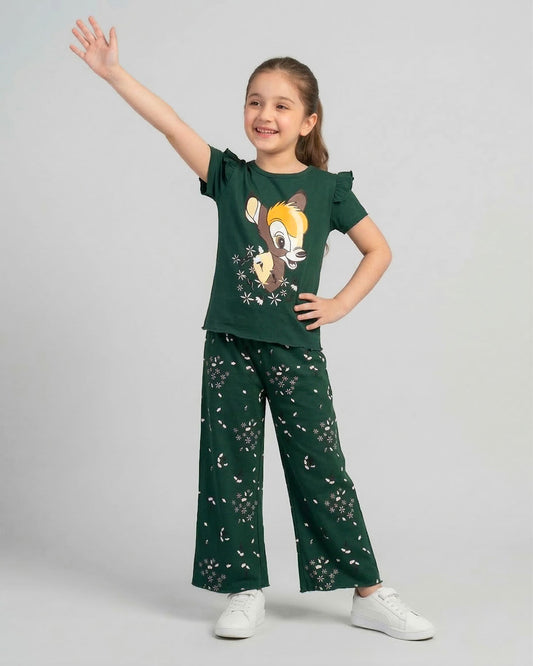 Dark Green Bambi Printed Kids Co-Ord Set