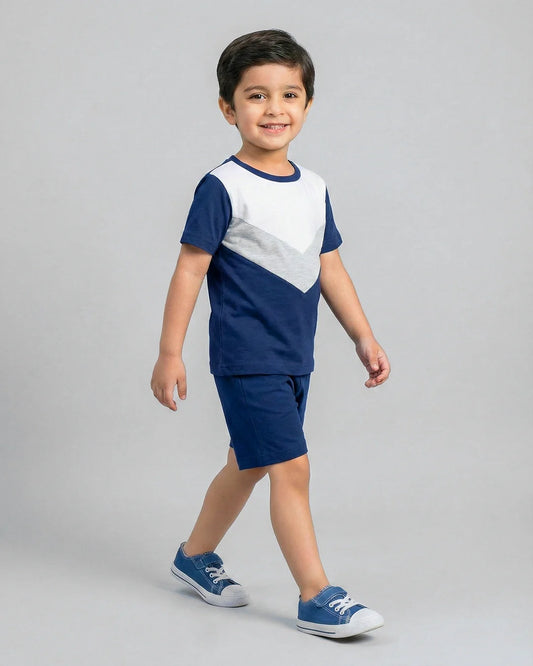 Blue Grey Panel Kids Short Sleeve Kids Wear