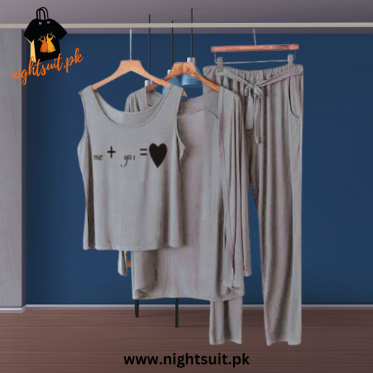 Grey Black me + you Women Night Suit PJ 3 Pieces Set