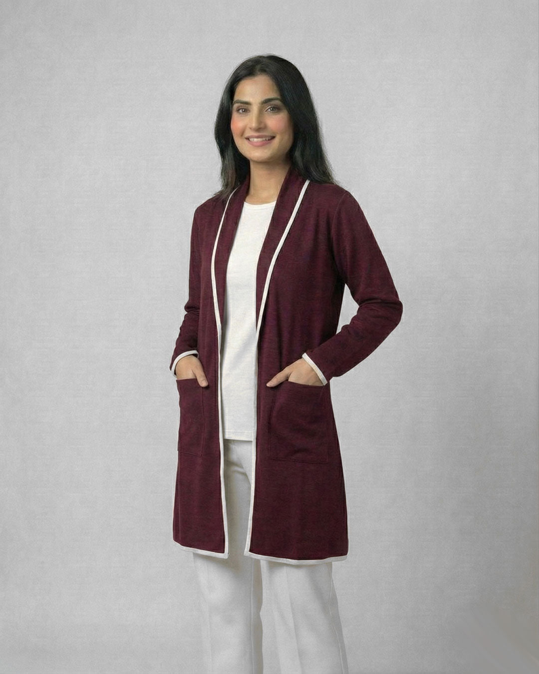 Maroon Front Open Long Coat Dual Pockets Jacket