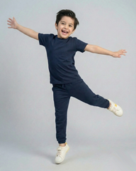 Kids Navy blue Cotton T-Shirt & Trouser Set
