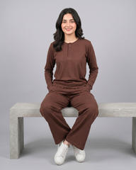 Women Button Style 2 Piece Lounge Wear - Chocolate Brown