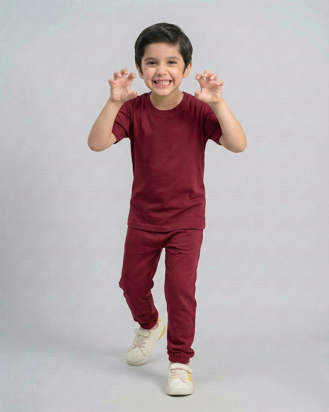 Kids Maroon Cotton T-Shirt & Trouser Set