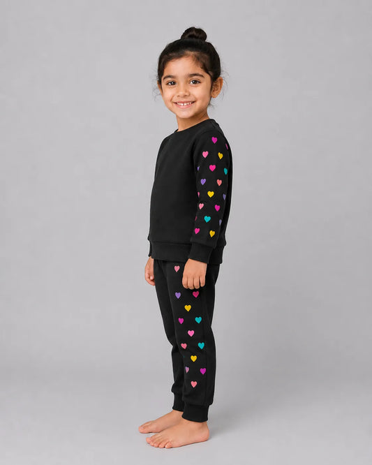 Colourful Heart Printed Sweatshirt Set | black