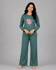 Women Round-Neck Lounge Wear | Flower - Sherwood Green
