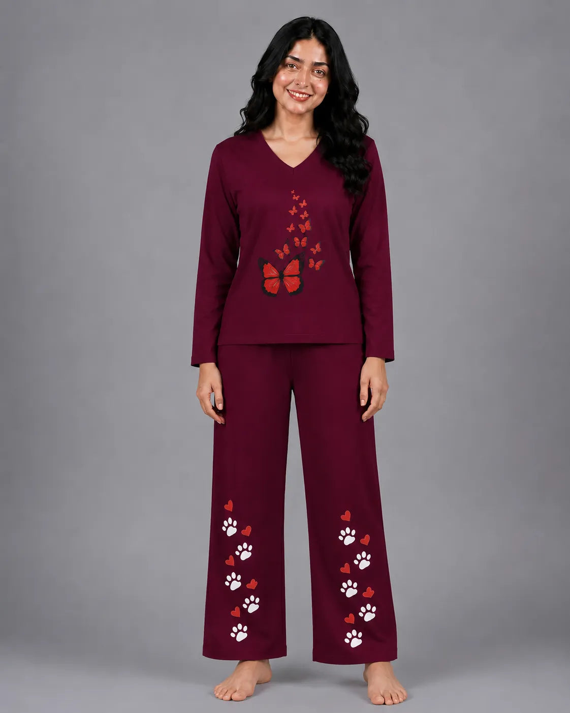 Women V-Neck Lounge Wear | Red Butterfly - Maroon