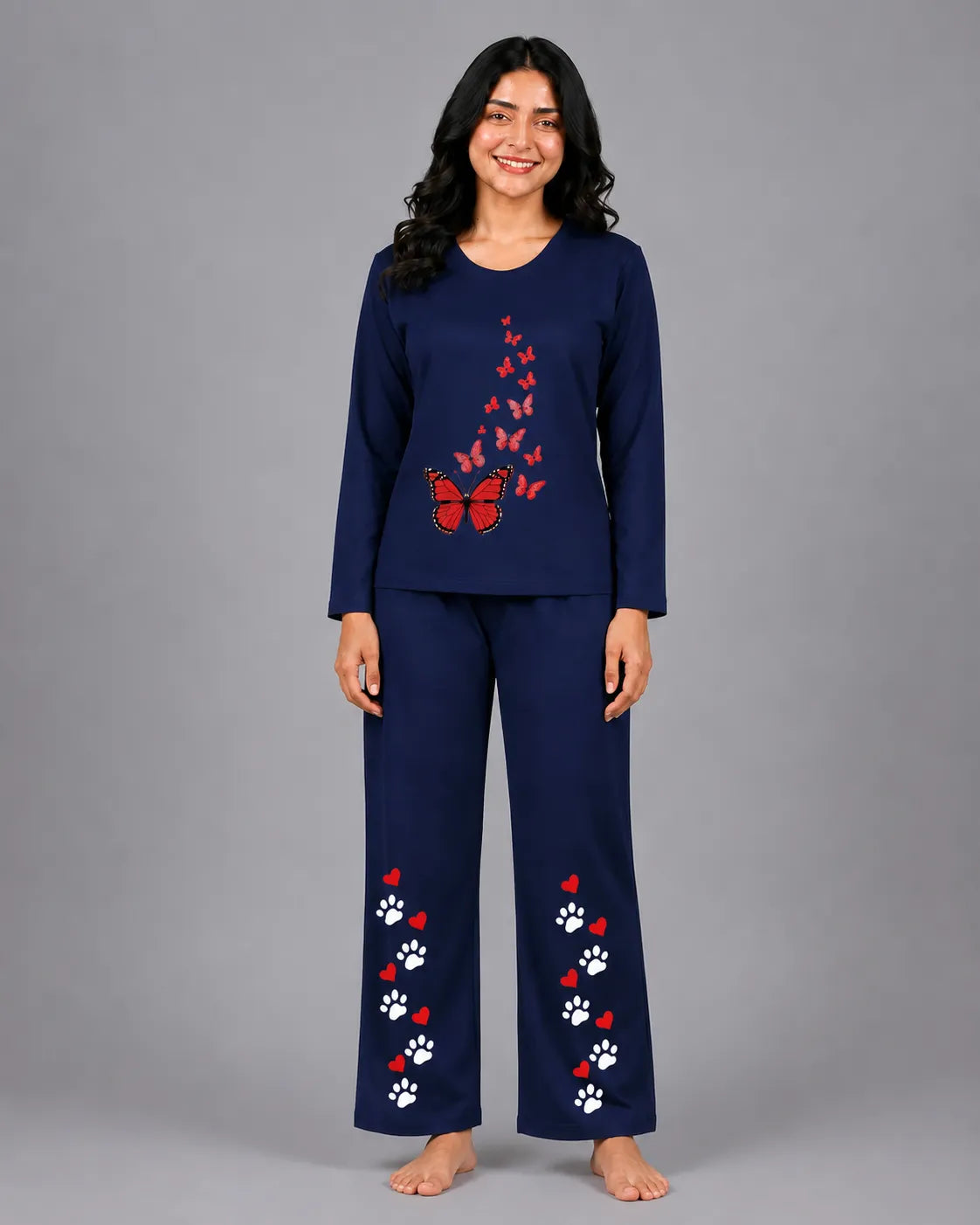 Women Round-Neck Lounge Wear | Red Butterfly - Navy Blue