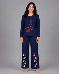 Women Round-Neck Lounge Wear | Red Butterfly - Navy Blue