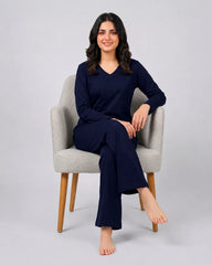Women V-Neck Lounge Wear - Navy Blue