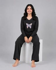 Women V Neck Lounge Wear | Colored Butterfly - Black