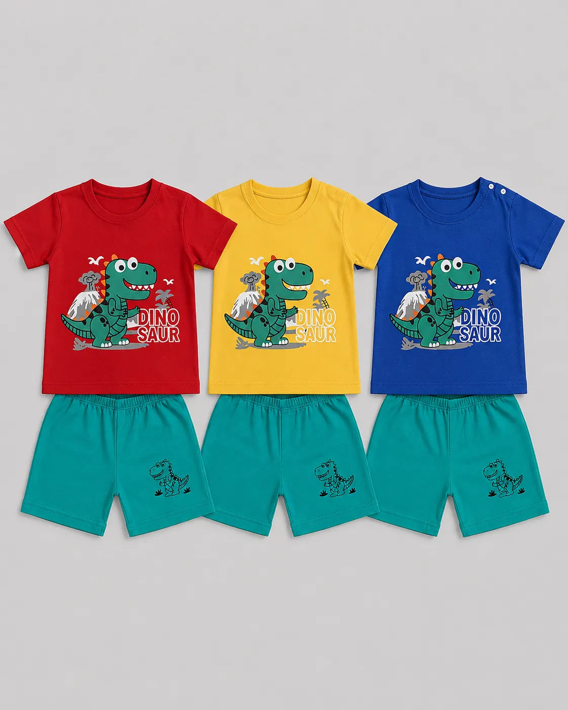 Pack Of 3 Kids Volcano Dino Short Set | Red, Yellow & Blue