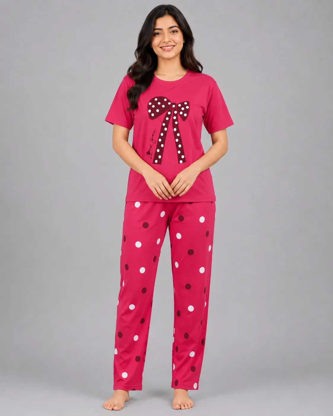 Polka Bow Night Suit - Pink