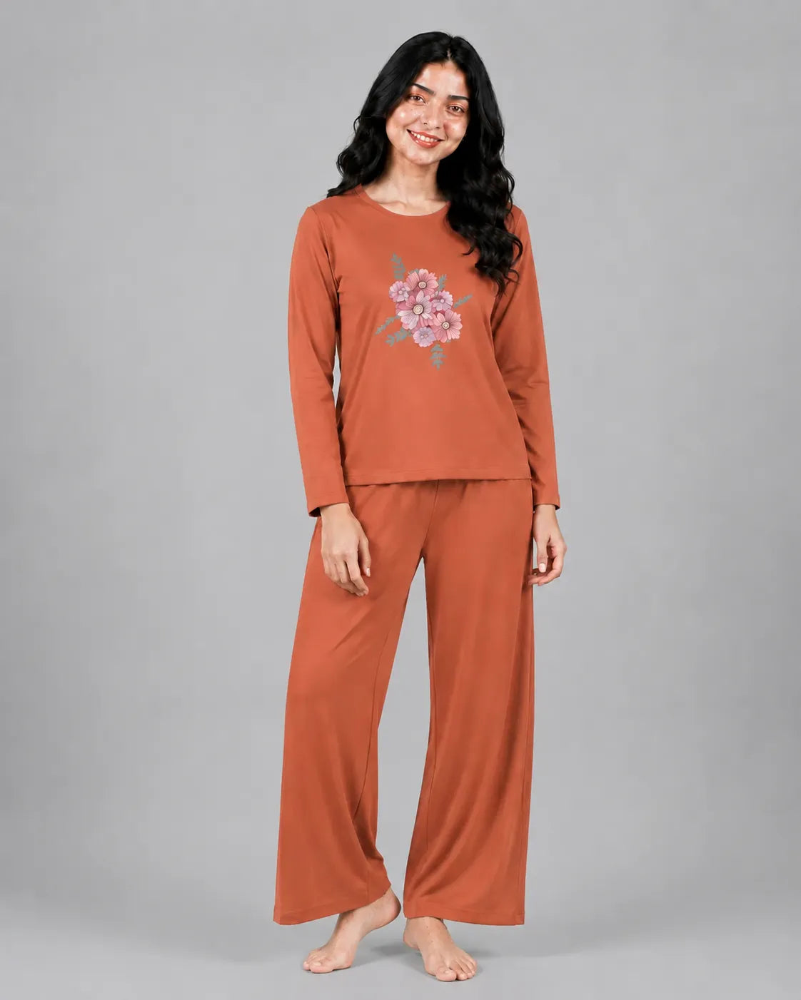 Women Round-Neck Lounge Wear | Flower - Rusty