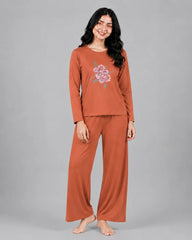 Women Round-Neck Lounge Wear | Flower - Rusty